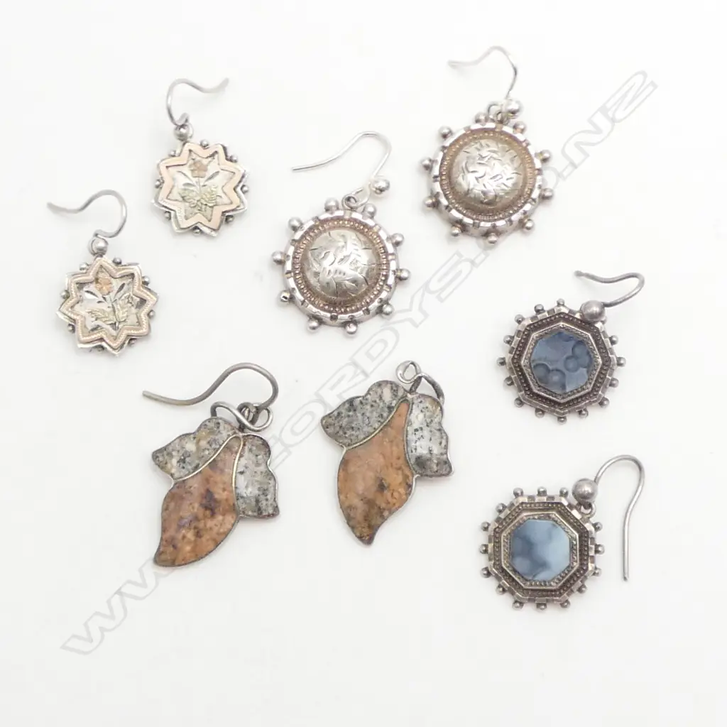 4 PAIRS SILVER VINTAGE EARRINGS 2 pairs agate set Image 1++