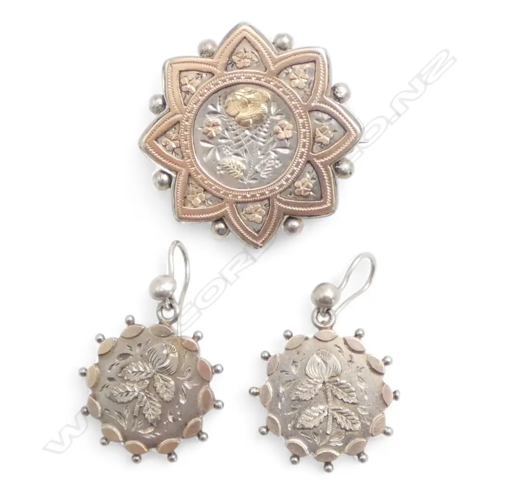 VICTORIAN SILVER BROOCH & EARRING SET  INLAID with 9ct GOLD floral panels Image 1++
