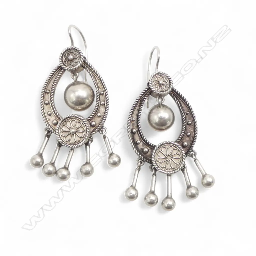 VICTORIAN ETRUSCAN style SILVER BALL DROP EARRINGS Image 1++