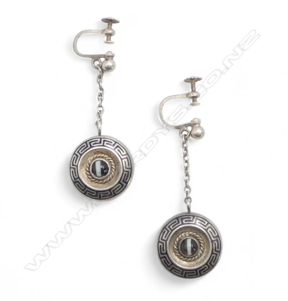 Edwardian SILVER DROP AGATE & ENAMEL EARRINGS Greek key pattern screw on fittings Image 1++
