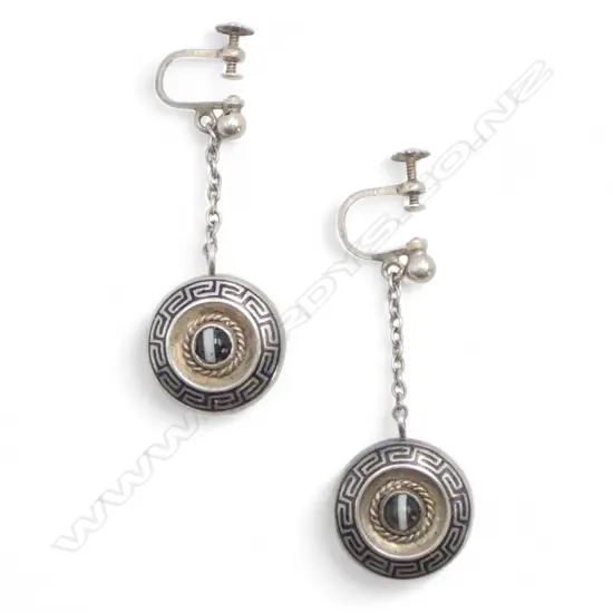 Edwardian SILVER DROP AGATE & ENAMEL EARRINGS Greek key pattern screw on fittings