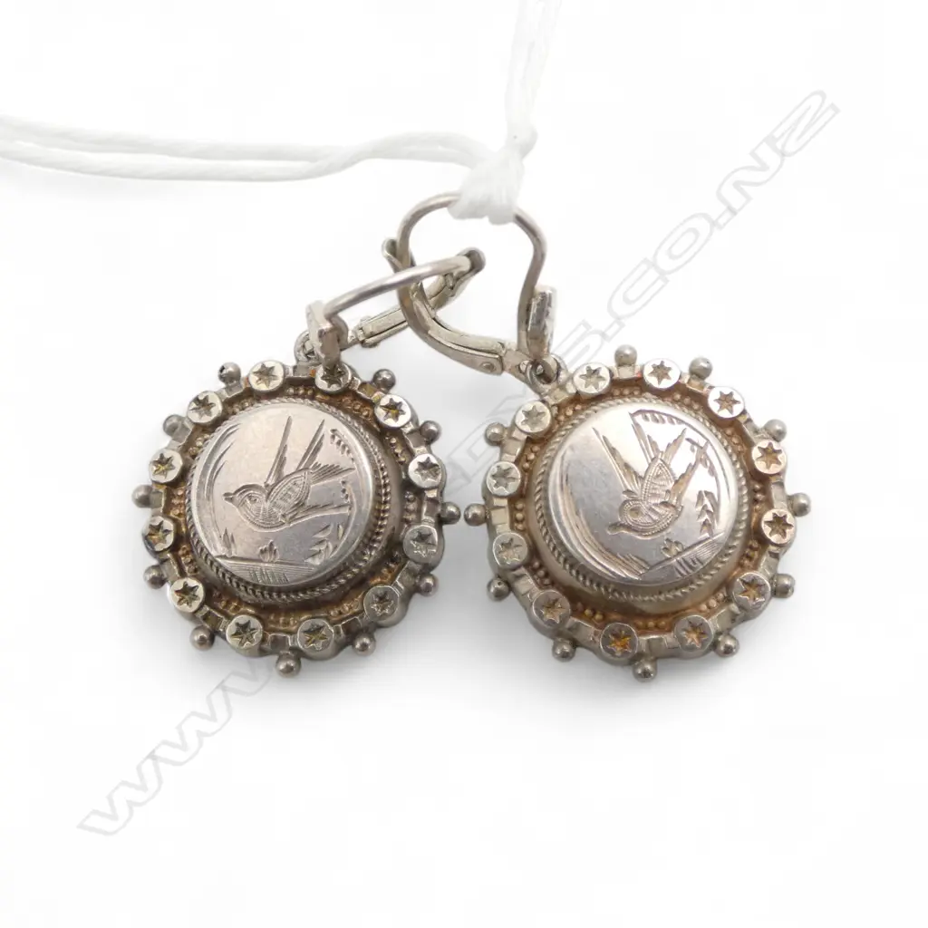 SILVER ROUND VICTORIAN EARRINGS Etruscan style engraved with swallow birds Image 1++