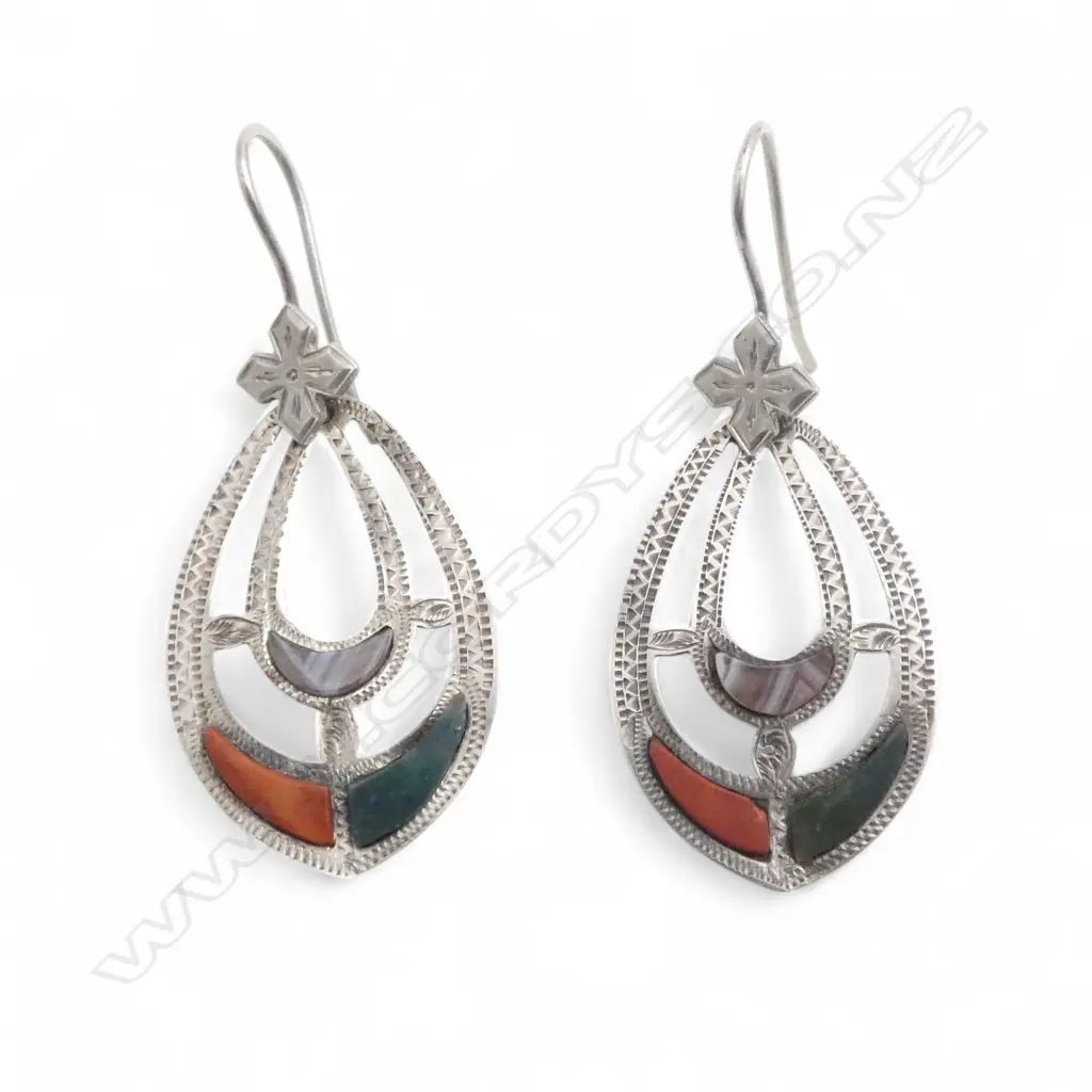 VICTORIAN SILVER SCOTTISH DROP EARRINGS agate panels Image 1++