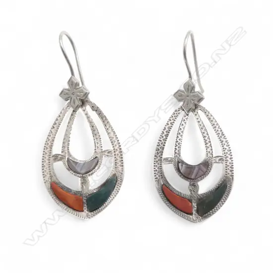 VICTORIAN SILVER SCOTTISH DROP EARRINGS agate panels