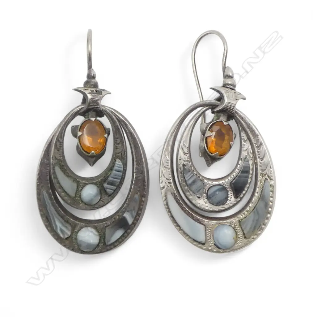 VICTORIAN SILVER SCOTTISH DROP EARRINGS banded agate & gem set Image 1++