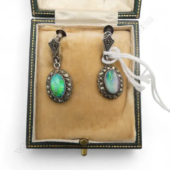 BOXED SILVER OPAL MARCASITE DROP EARRINGS