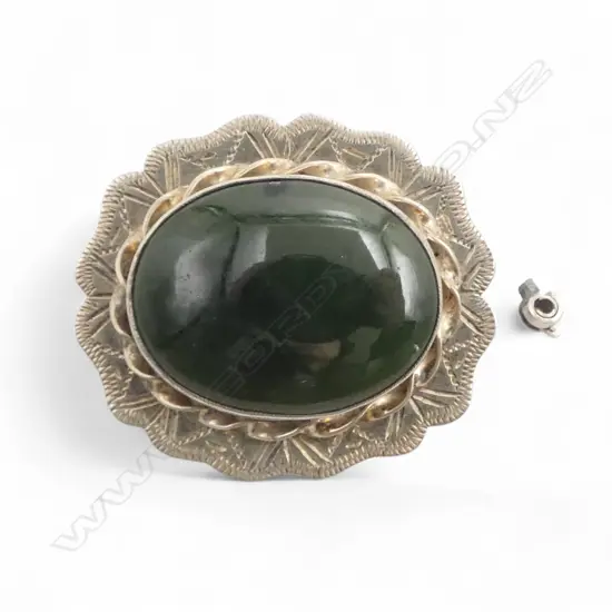 Early 20thC SILVER & NEPHRITE BROOCH dark green w dark spots. clasp requires soldering