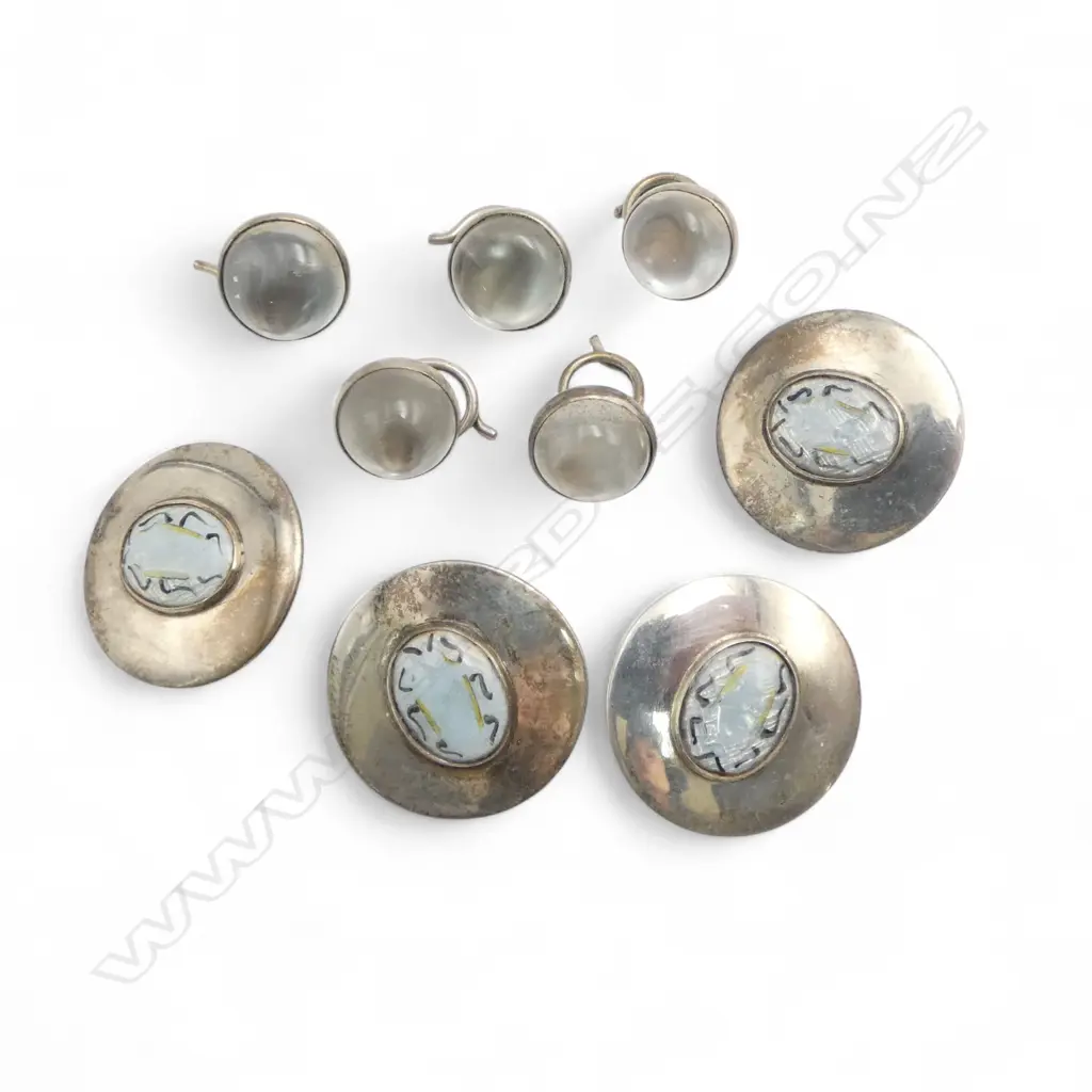 SET 4 SILVER & ENAMEL BEETLE decorated BUTTONS London 1896 by Loewe Rosenthal + 5 studs.. Image 1++