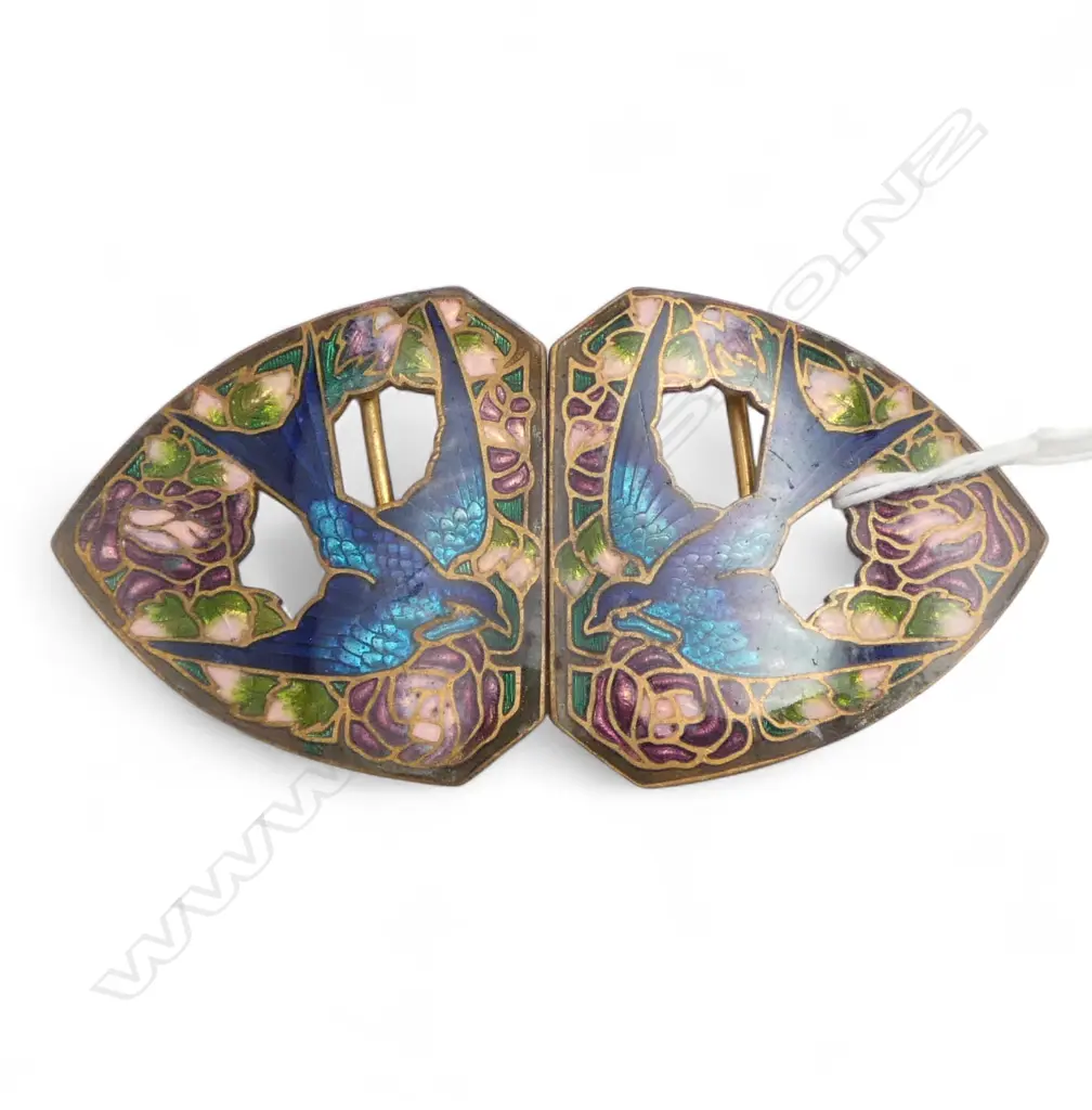 EDWARDIAN GILT & ENAMEL SWALLOW BIRD & FLORAL BROOCH 2 piece  Image 1++