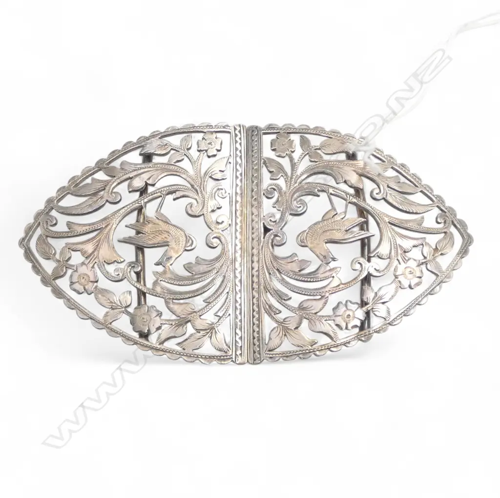 Birmingham 1900 SILVER  PCE BELT BUCKLE  bird & scrolls open pierced & engraved 55gms Image 1++