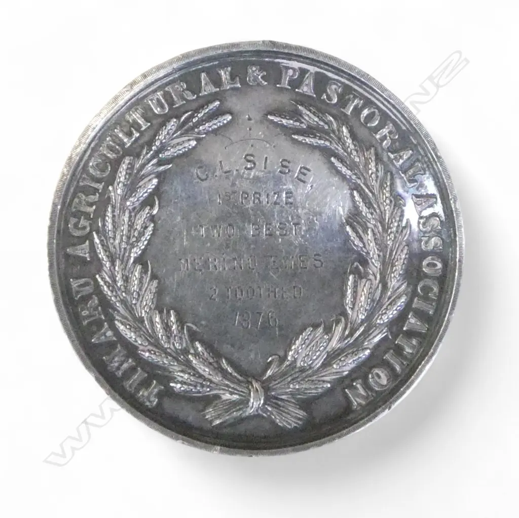 1876 TIMARU AGRICULTURAL & PASTORAL ASSOC. SILVER MEDAL 1st Prize To G.L. Sise... Image 1++