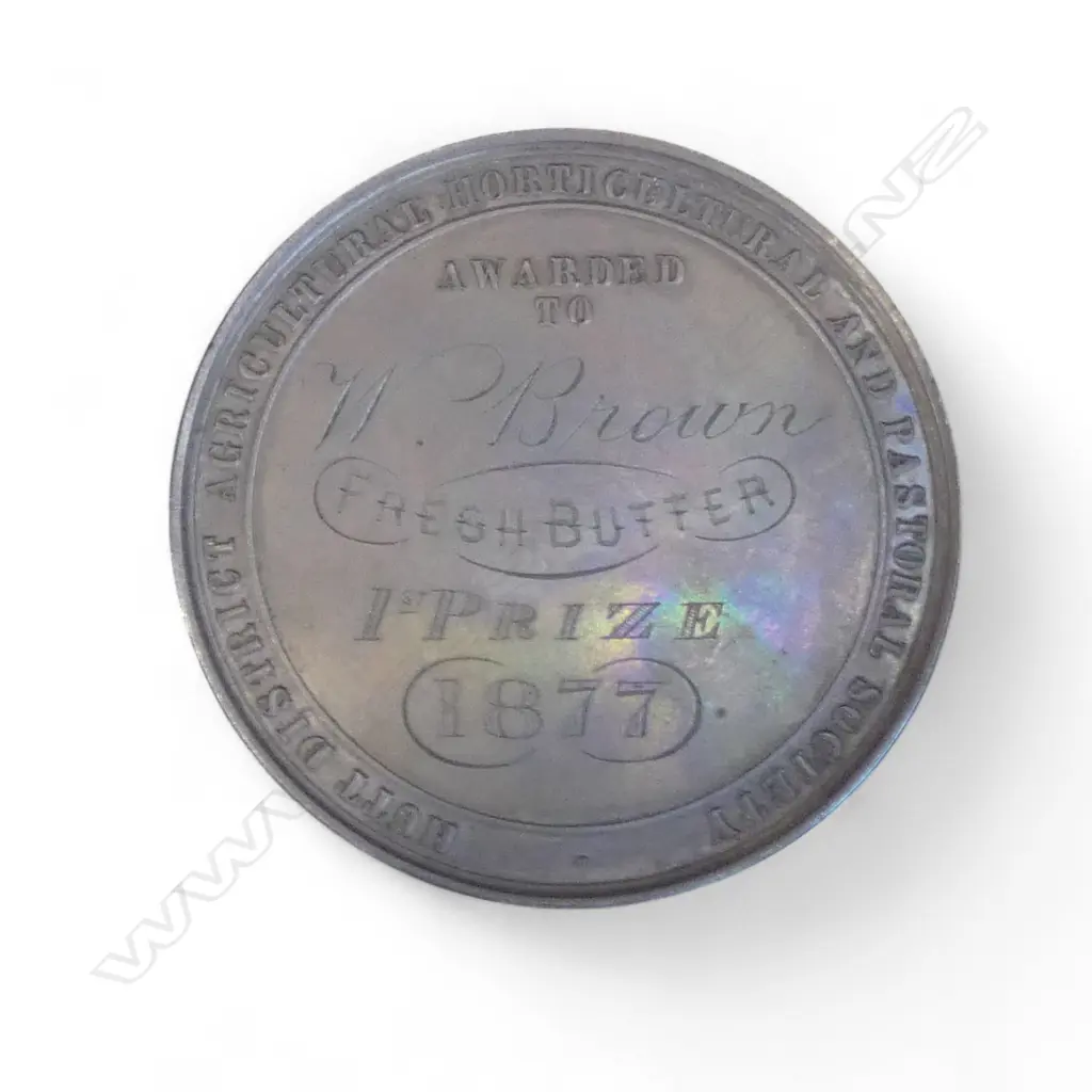 'HUTT DISTRICT AGRICULTURAL HORTICULTURAL AND PASTORAL SOCIETY' 1877 bronze medallion. Cased Image 1++