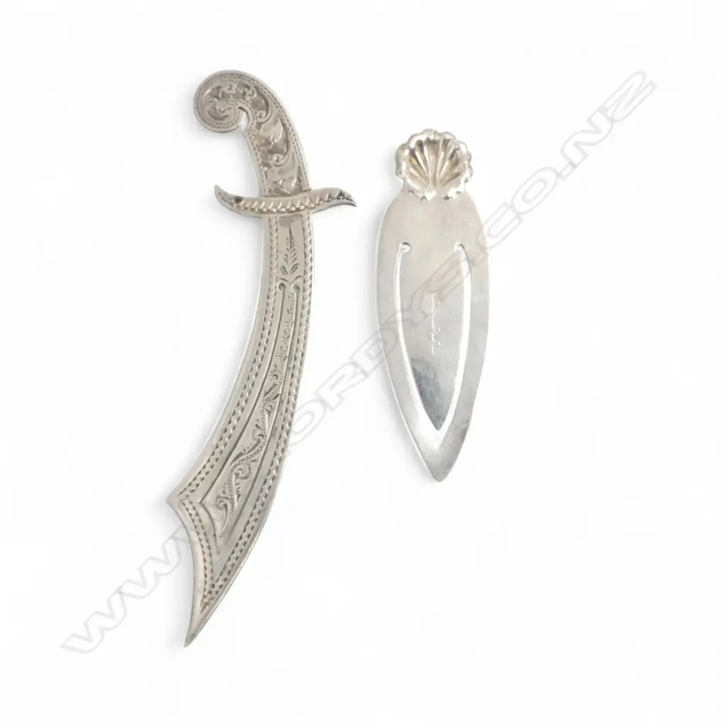 2 SILVER BOOK MARKS: SCIMITAR SWORD Birmingham 1899 + another w shell finial  Image 1++