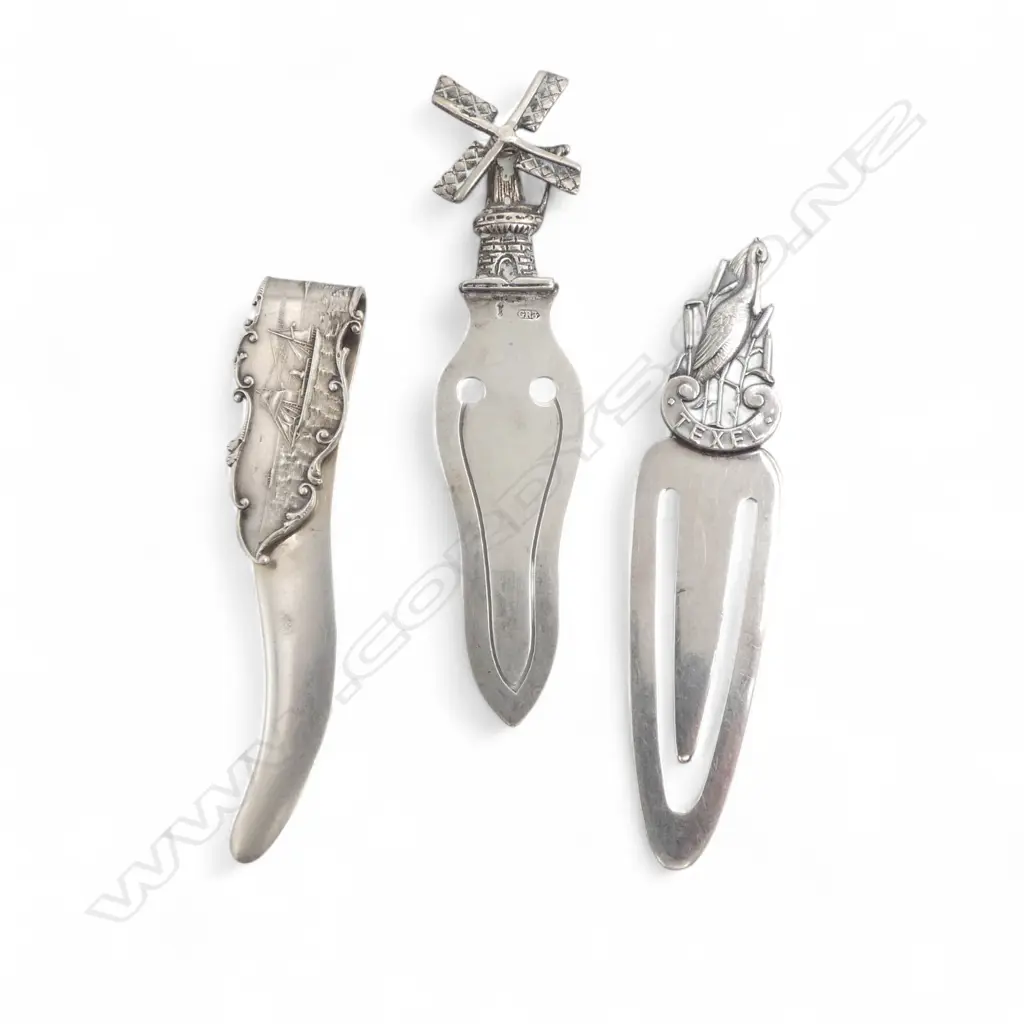 3 SILVER BOOKMARKS: American sail/steam ship + Dutch windmill + 'Texel' with stork Image 1++