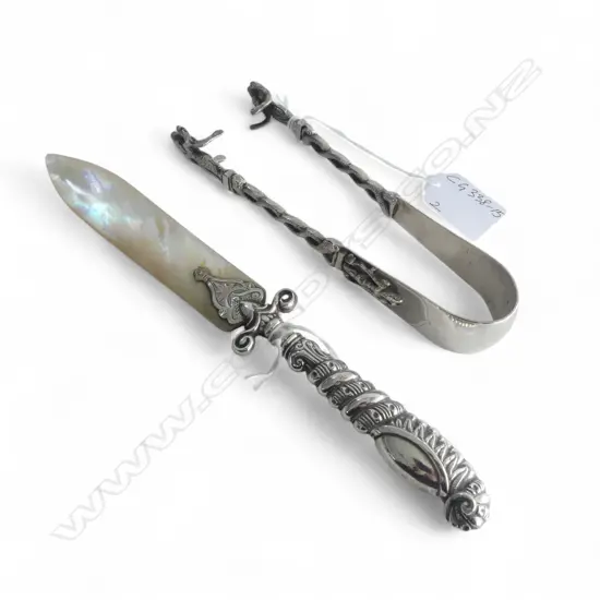 ANTIQUE SILVER & MOP LETTER OPENER, BIRM. 1899, 50gm, L.230mm & PR ASIAN SILVER TONGS, 93gm