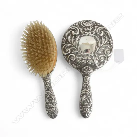 EARLY 20thC STG SILVER BRUSH & MIRROR SET 