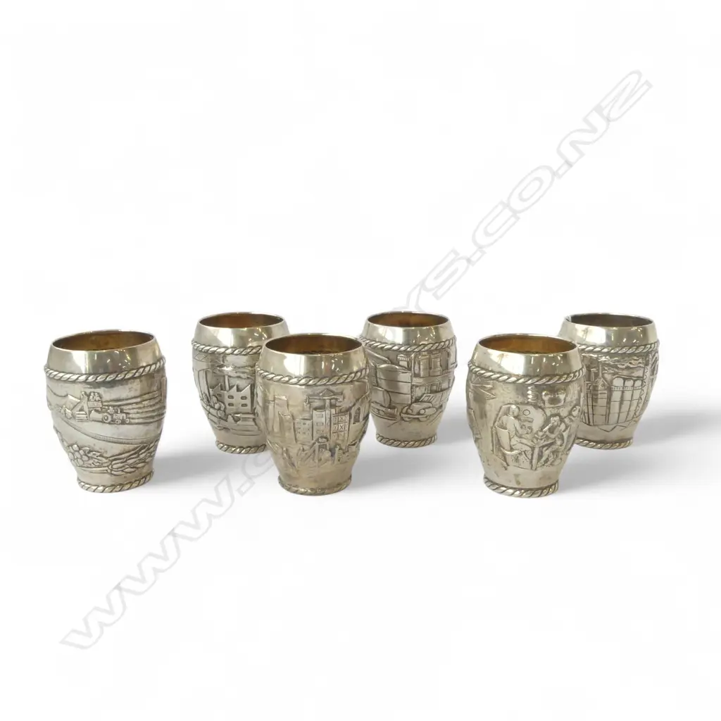 6 SILVER PLATE? BEAKERS EACH w an INDUSTRIAL/FARMING SCENE in REPOUSSE, mark to base, H.90mm Image 1++
