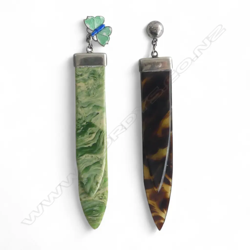 2 silver mounted patterned plastic page markers: Enamelled butterfly & bell attachments  Image 1++