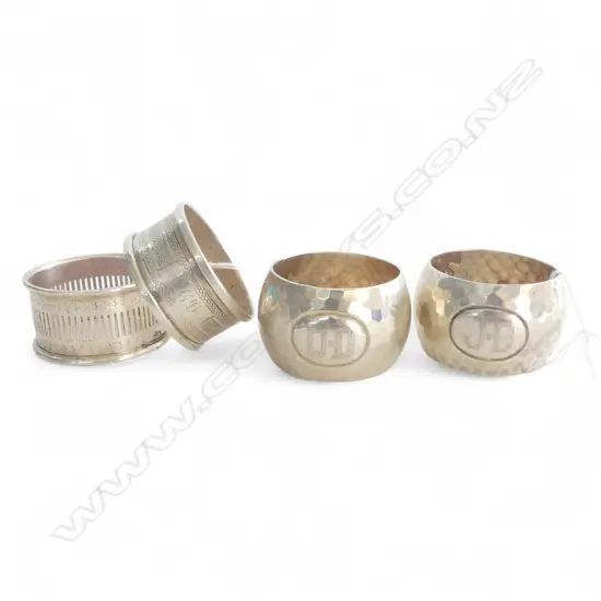 PR HAMMERED SILVER NAPKIN RINGS, SHEFFIELD 1950, 69gms engraved J.D. + 2 OTHERS 34gms