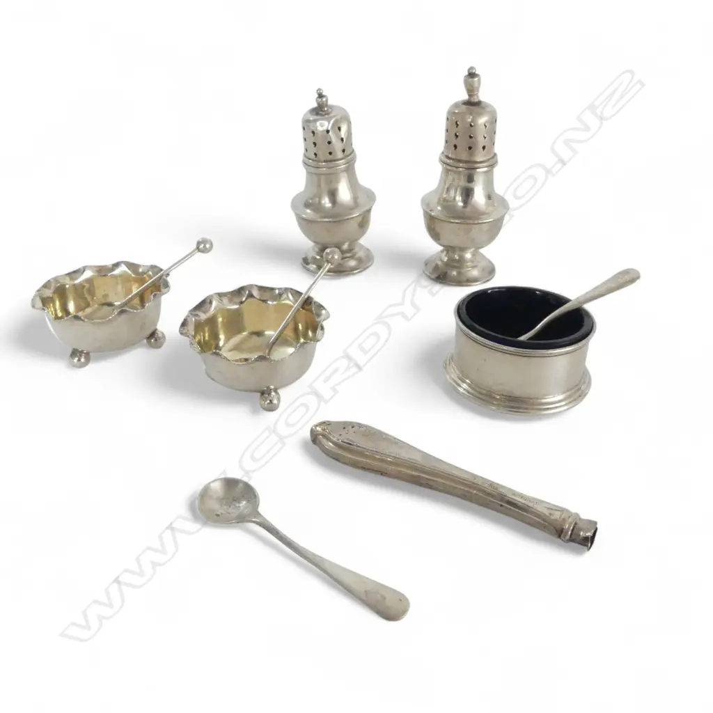 ASST. STG SILVER; 2 CASTERS, PR SALTS, 2 PR SALT SPOONS, HANDLE, OTHER. 98gms Image 1++
