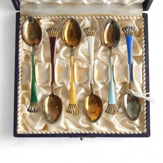 CASED SET OF 6 DANISH ENAMELLED SILVER GILT SPOONS