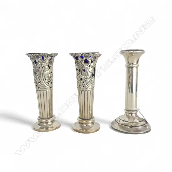 PR STG SILVER VASES H.155mm, WEIGHTED + STG SILVER CANDLESTICK