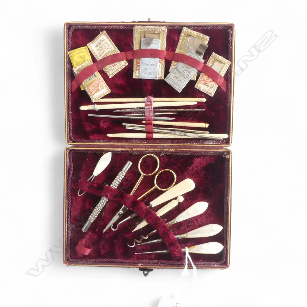 EDWARDIAN LEATHER CASED SEWING SET: various implements + scissors + needles etc Image 1++