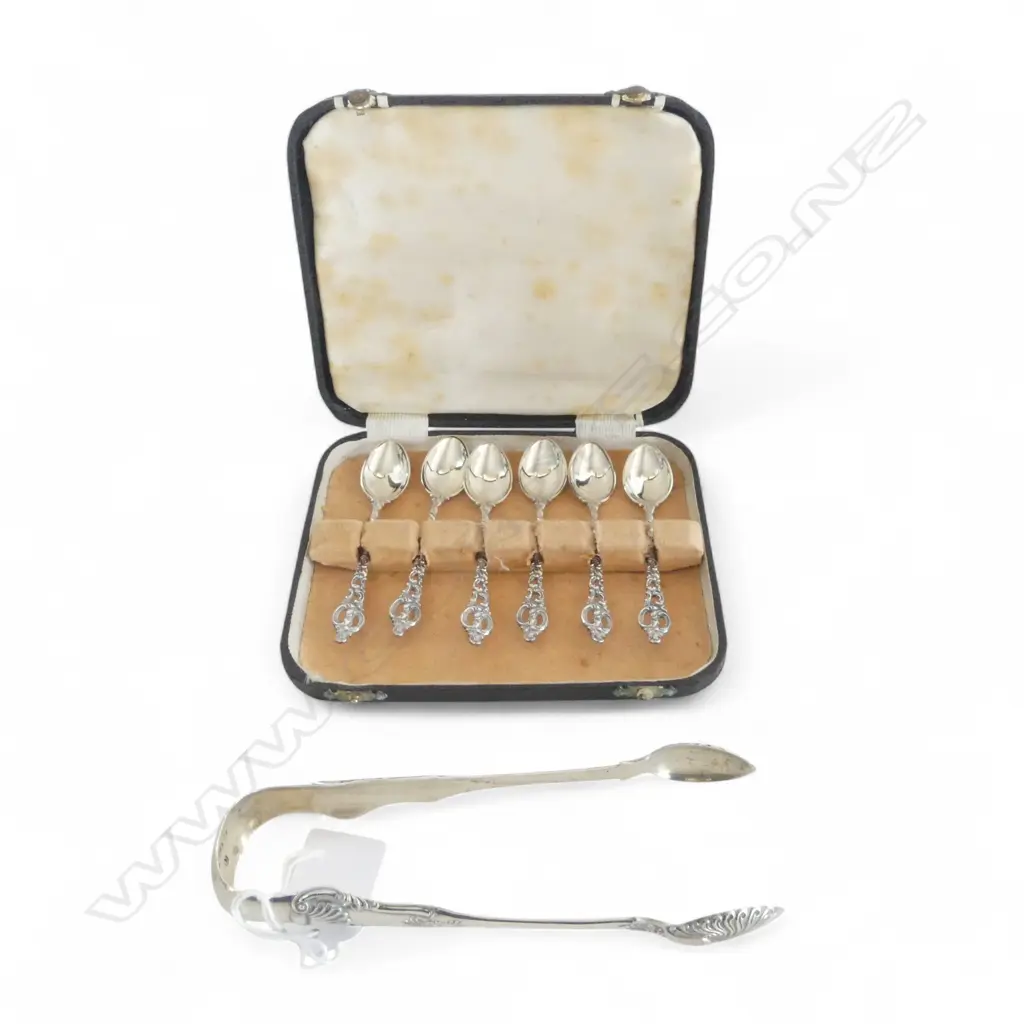 PR VICTORIAN STG SILVER TONGS + 6 STERLING TEASPOONS, CASED 105gms Image 1++