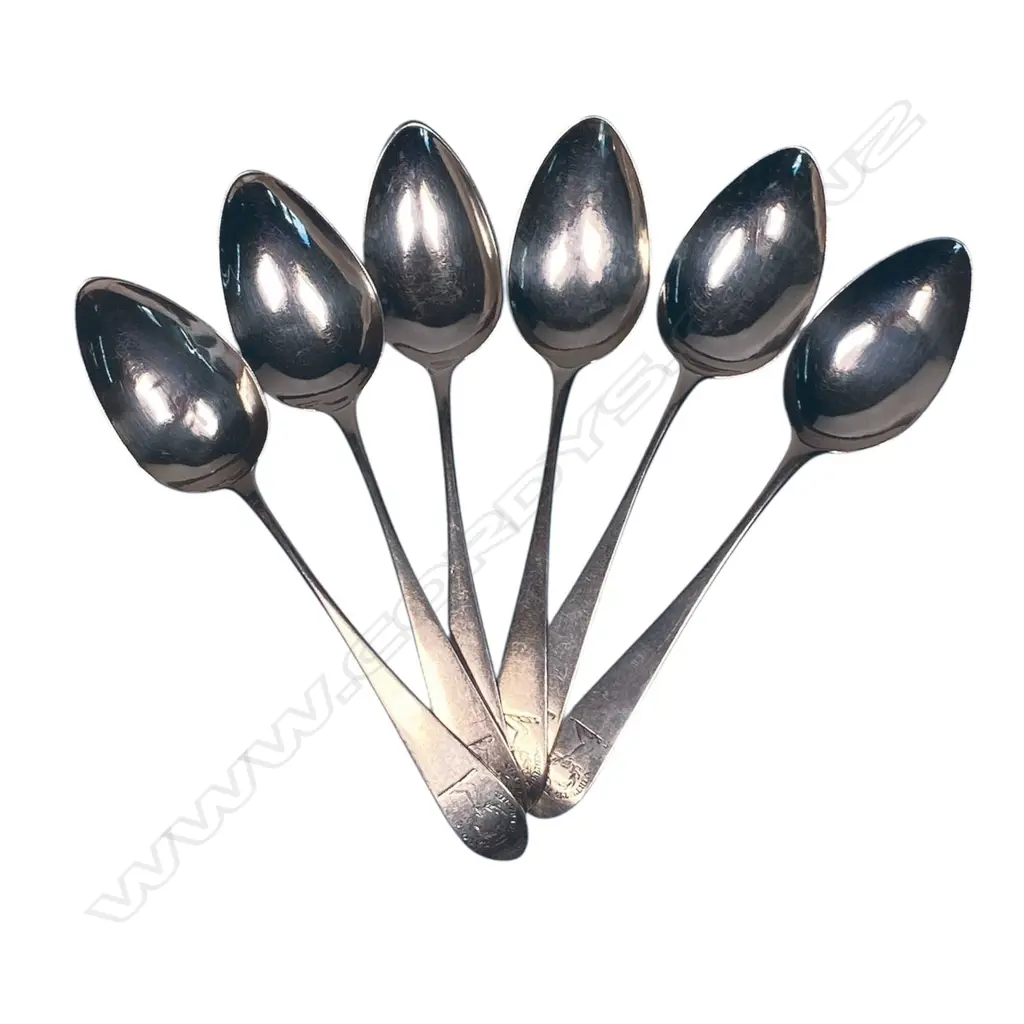 A set of six George III Scottish silver dessert spoons Celtic point pattern, crested with a raised arm holding aloft a laurel wreath and 'VIRTUTE ET LABORE'. Edinburgh 1802 by William & Patrick Cunningham. 165gms. Image 1++