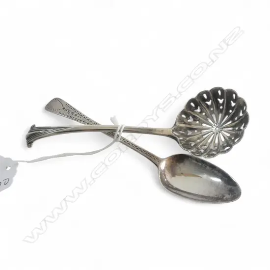 SILVER SML SIFTER SPOON, LONDON 1904, L.130mm, 28.6gm & GEORGE III TEASPOOON, 13.6gm