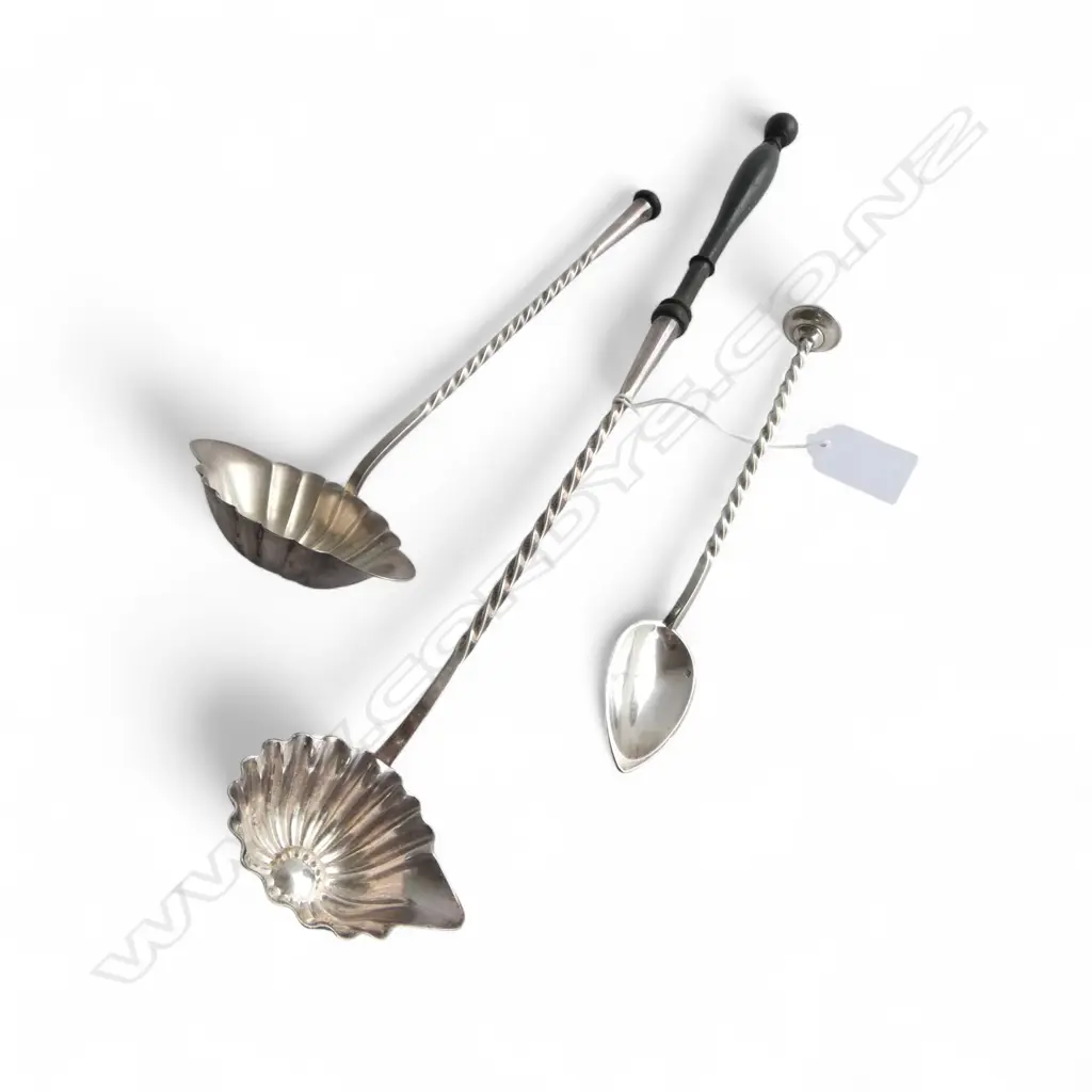 2 c.19thC CHRISTOFLE SILVER PLATED TODDY LADLES + GRAPEFRUIT SPOON Image 1++