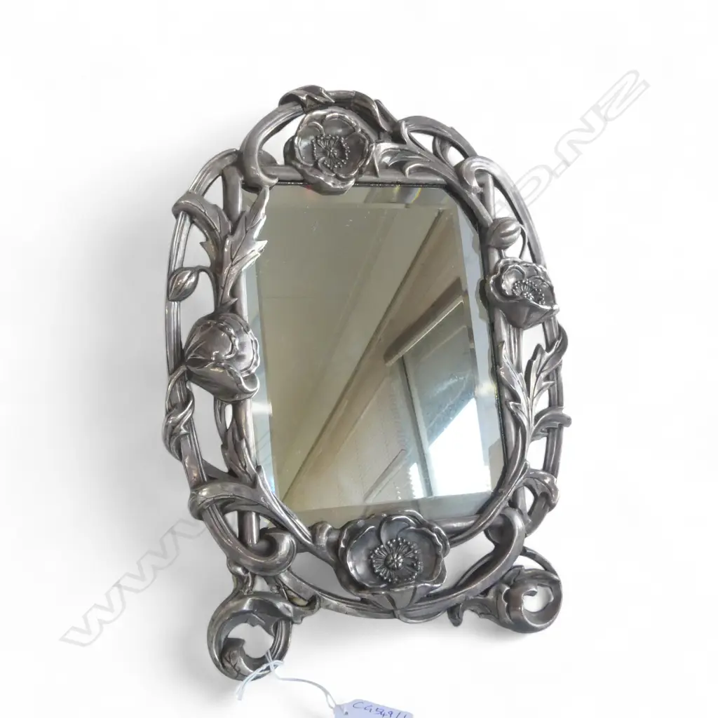 ART NOUVEAU STYLE MIRROR w. SILVER PLATE FRAME, REPAIRS 335x250mm NOW HAS A STAND Image 1++