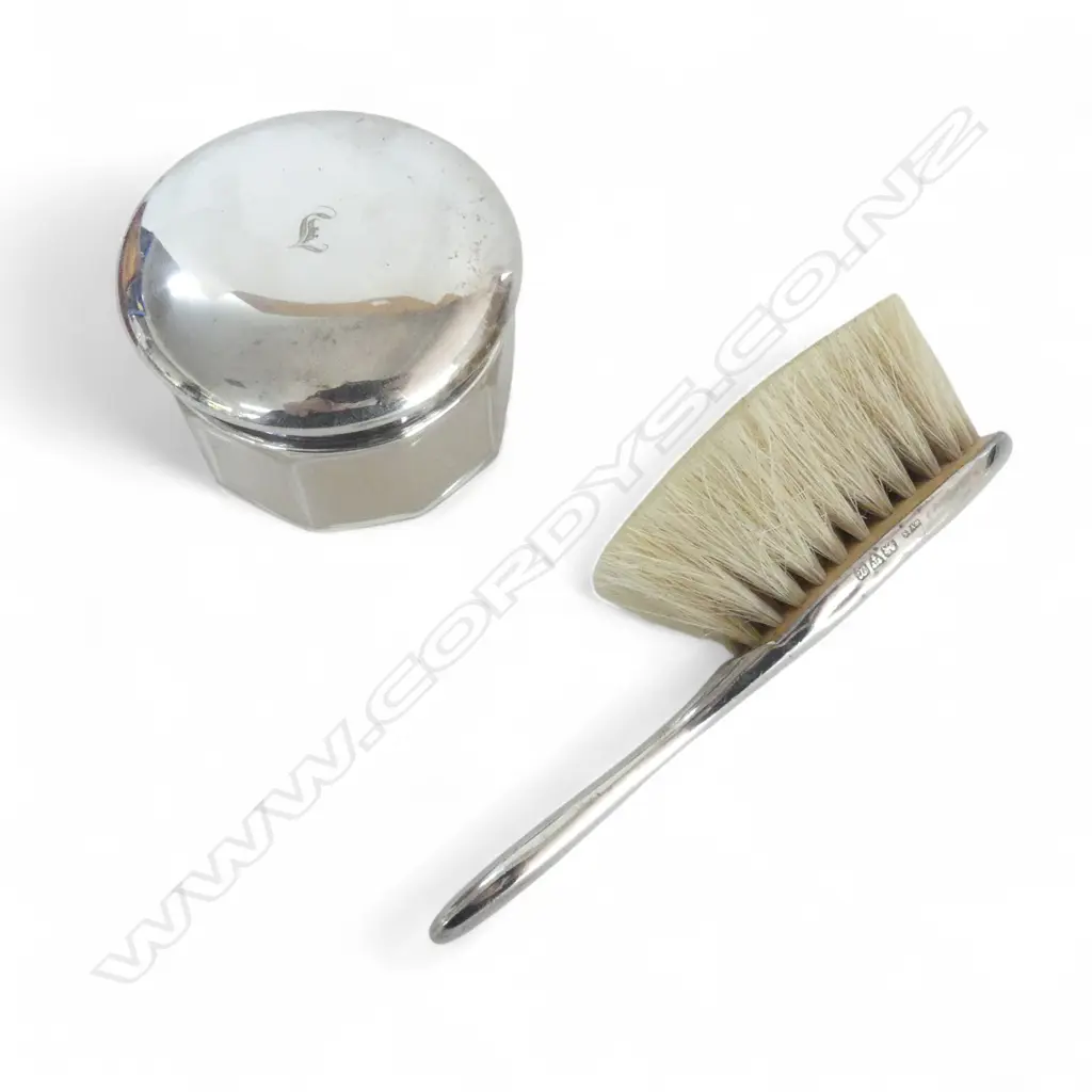 CASED 'THE JEWEL CASKET AUCKLAND N.Z.' DRESSING TABLE SET, CHESTER 1923, brush & jar Image 1++