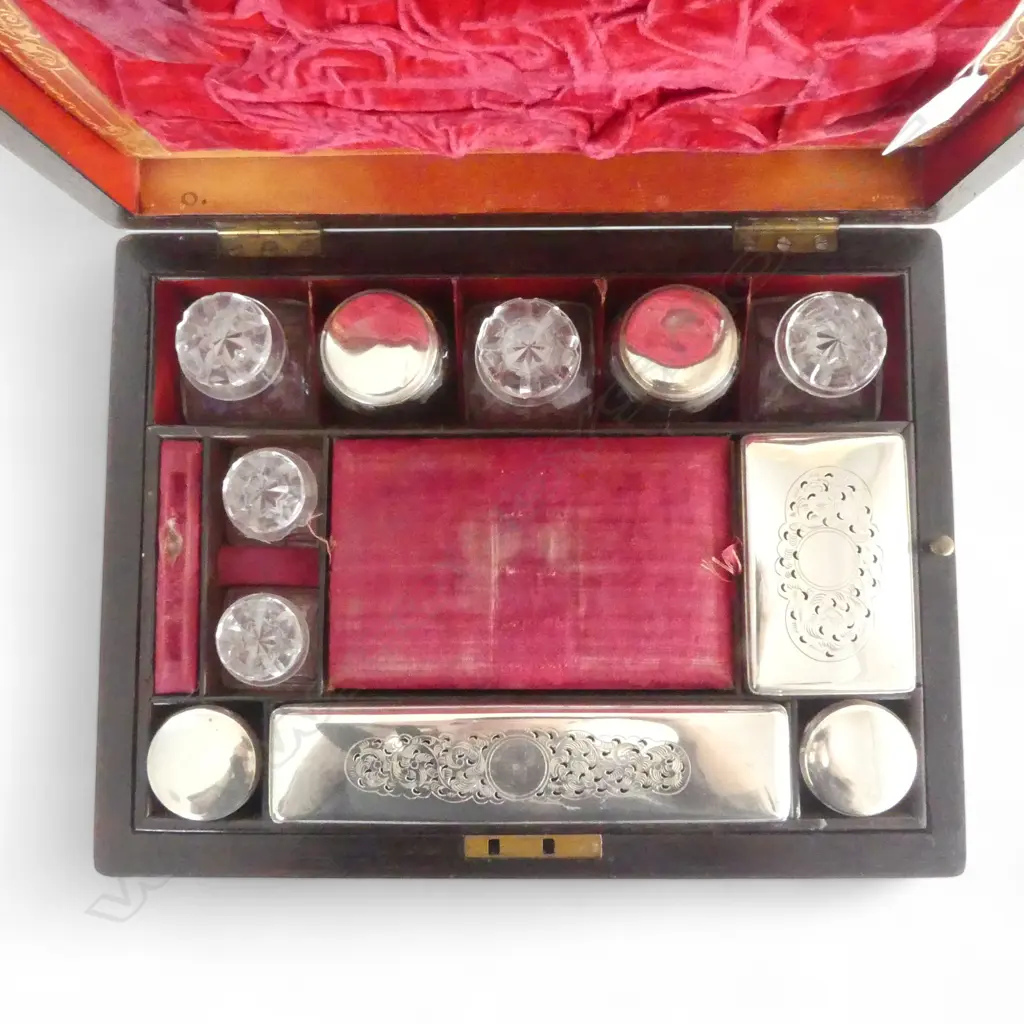 VICTORIAN ROSEWOOD JEWELLERY AND TRAVELLING CASE (silverplate accessories/mop inlay to exterior) 300 x 230 x 160mm Image 1++