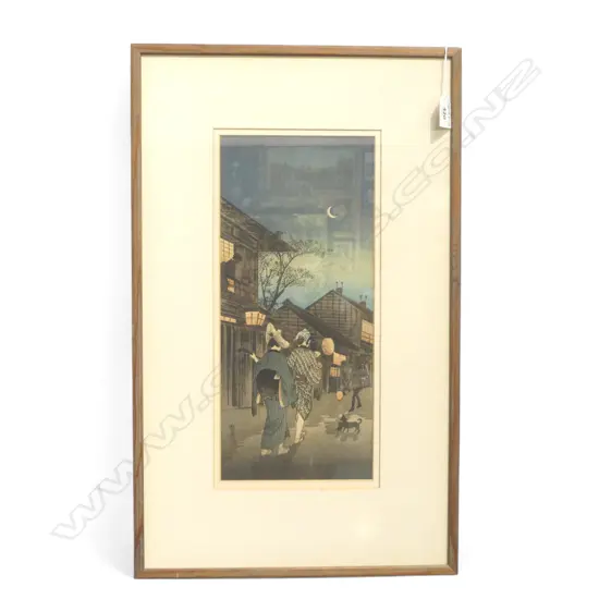 20thC TAKAHASHI SHOTEI UKIYO-E PRINT, STREET PERFORMER, 350x160mm