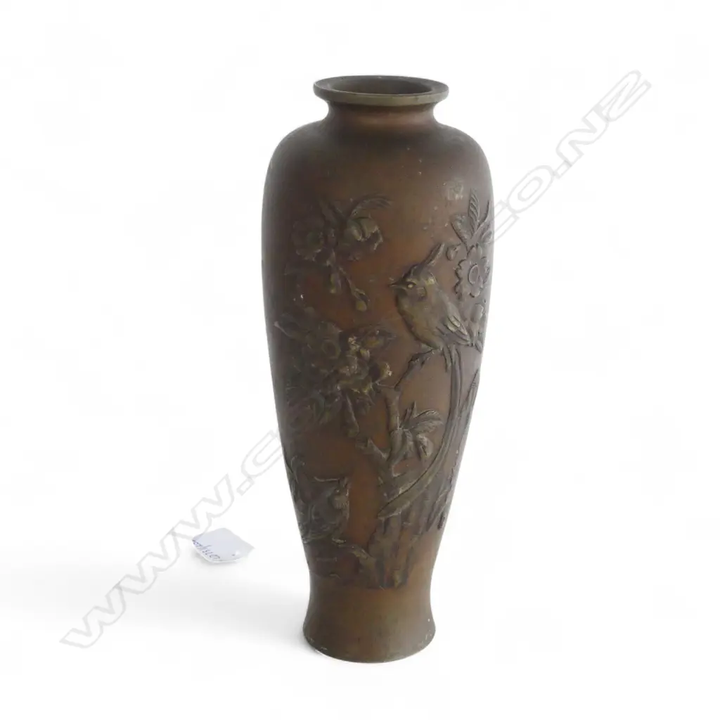 JAPANESE BRONZE VASE BIRD DESIGN H235MM Image 1++