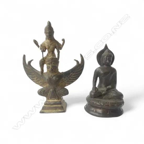 2 ASIAN BRONZES; SEATED BUDDHA & FIGURE RIDING GARUDA H.165mm