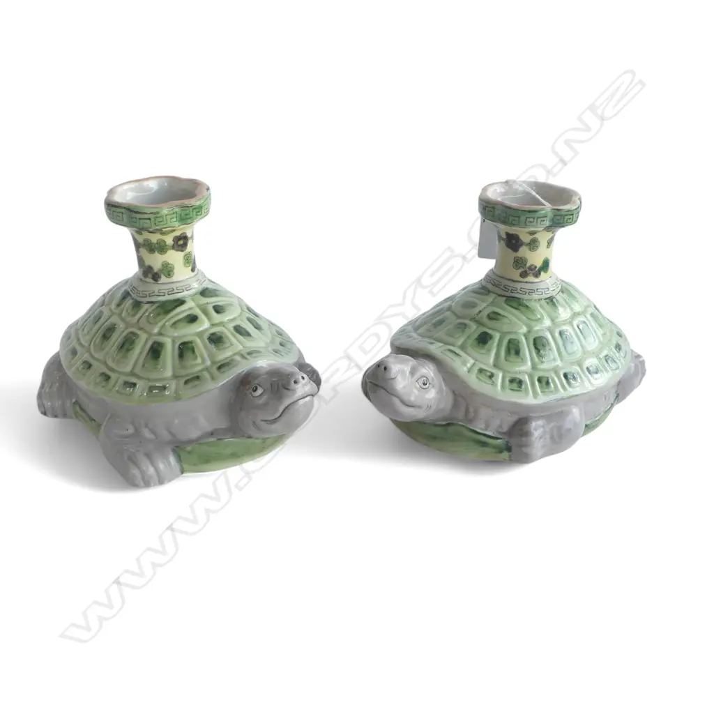 PR CHINESE CERAMIC TURTLE FORM CANDLE HOLDERS base stamped H.140mm Image 1++