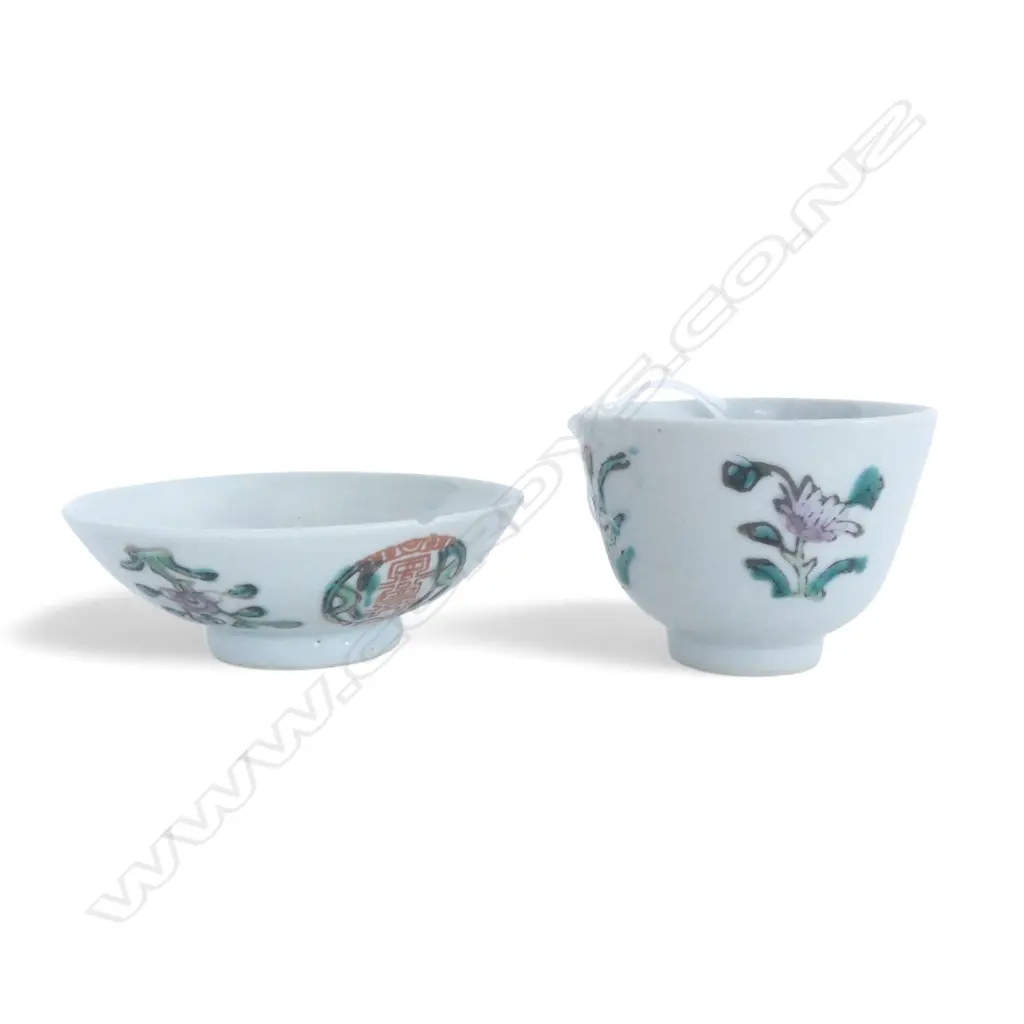 CHINESE TEA CUP (hairline) & SAUCER (chip), TONGZHI MARK 90mm dia Image 1++