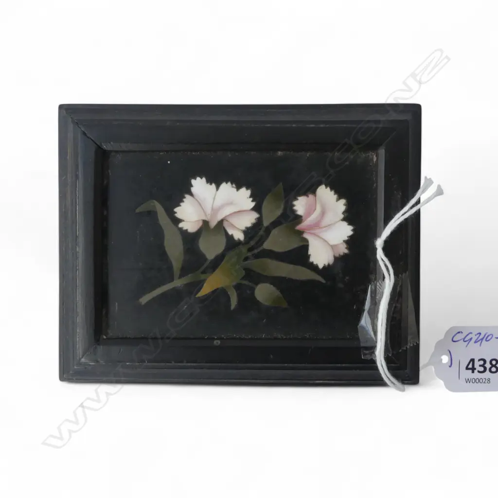 19thC ebonised wooden small box with marble inlaid floral lid. Probably Italian. W.105mm Image 1++