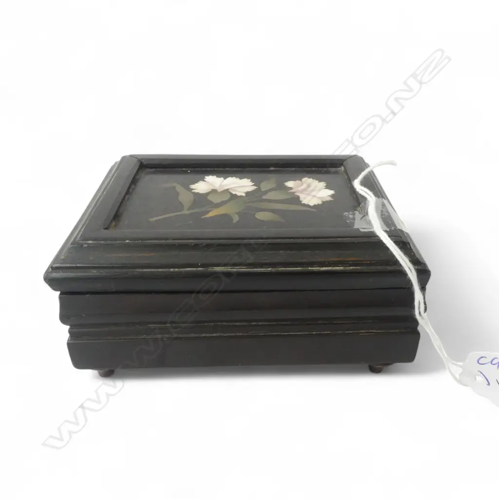 19thC ebonised wooden small box with marble inlaid floral lid. Probably Italian. W.105mm Image 1++