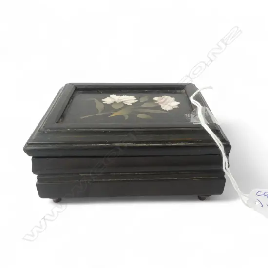 19thC ebonised wooden small box with marble inlaid floral lid. Probably Italian. W.105mm