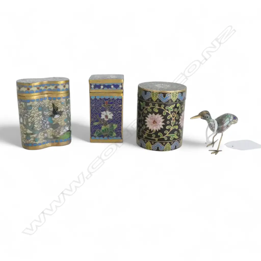 3 CLOISONNE CONTAINERS + SMALL BIRD ORNAMENT H.45mm Image 1++