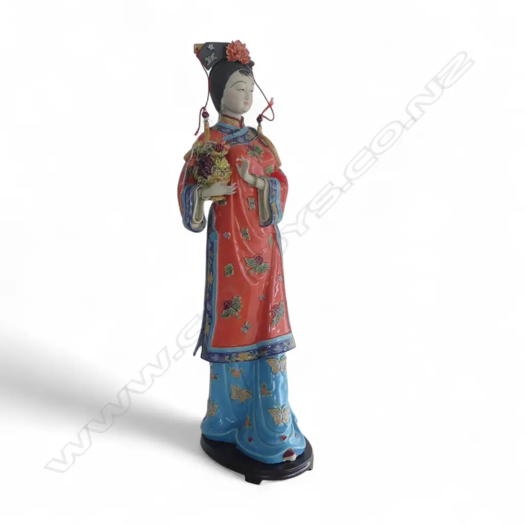 20thc HAND PAINTED PORCELAIN FIGURE OF A CLASSICAL CHINESE WOMAN CARRYING A BASKET OF FLOWERS ON WOODEN BASE 650 mm (H) Image 1++