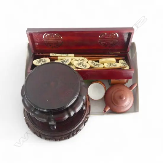 ASST. ORIENTAL PCS; MINI YIXING WARE TEAPOT & CUPS, BOXED CHOPSTICKS & 2 WOODEN STANDS