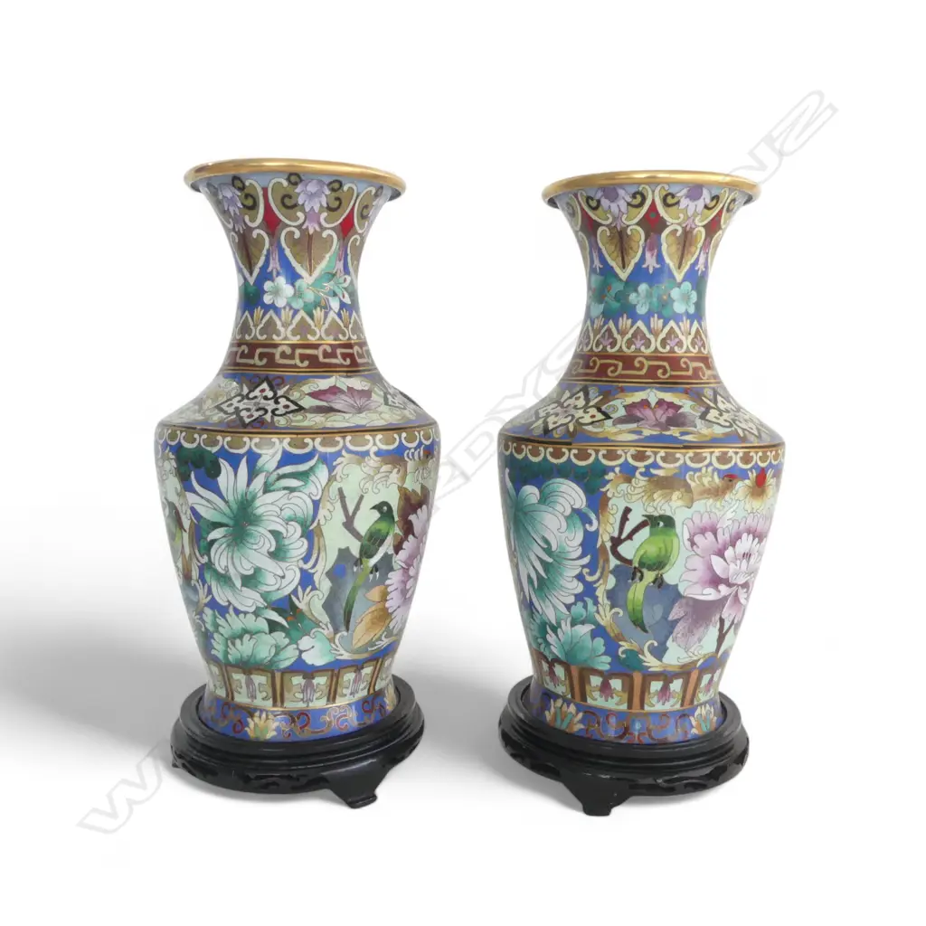 PR CHINESE CLOISONNE VASES H.310mm HOLES DRILLED TO BASE + STANDS Image 1++