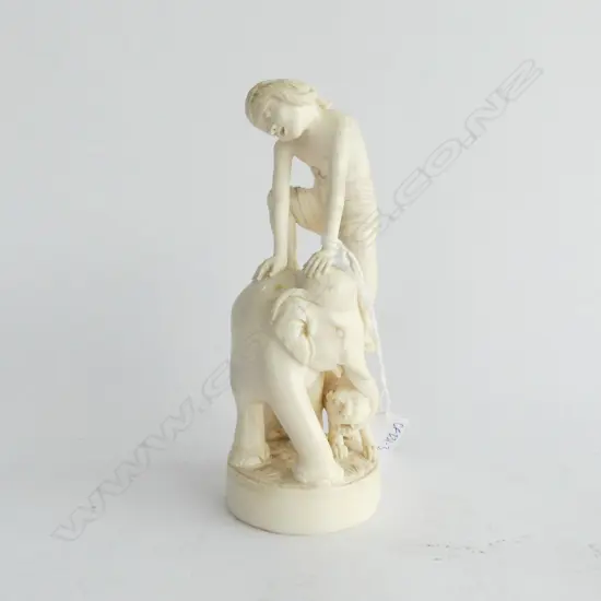 OLD INDIAN SOLID & well CARVED IVORY FIGURE GROUP of a man clambering onto his elephant + tiger. Circular base H.140mm