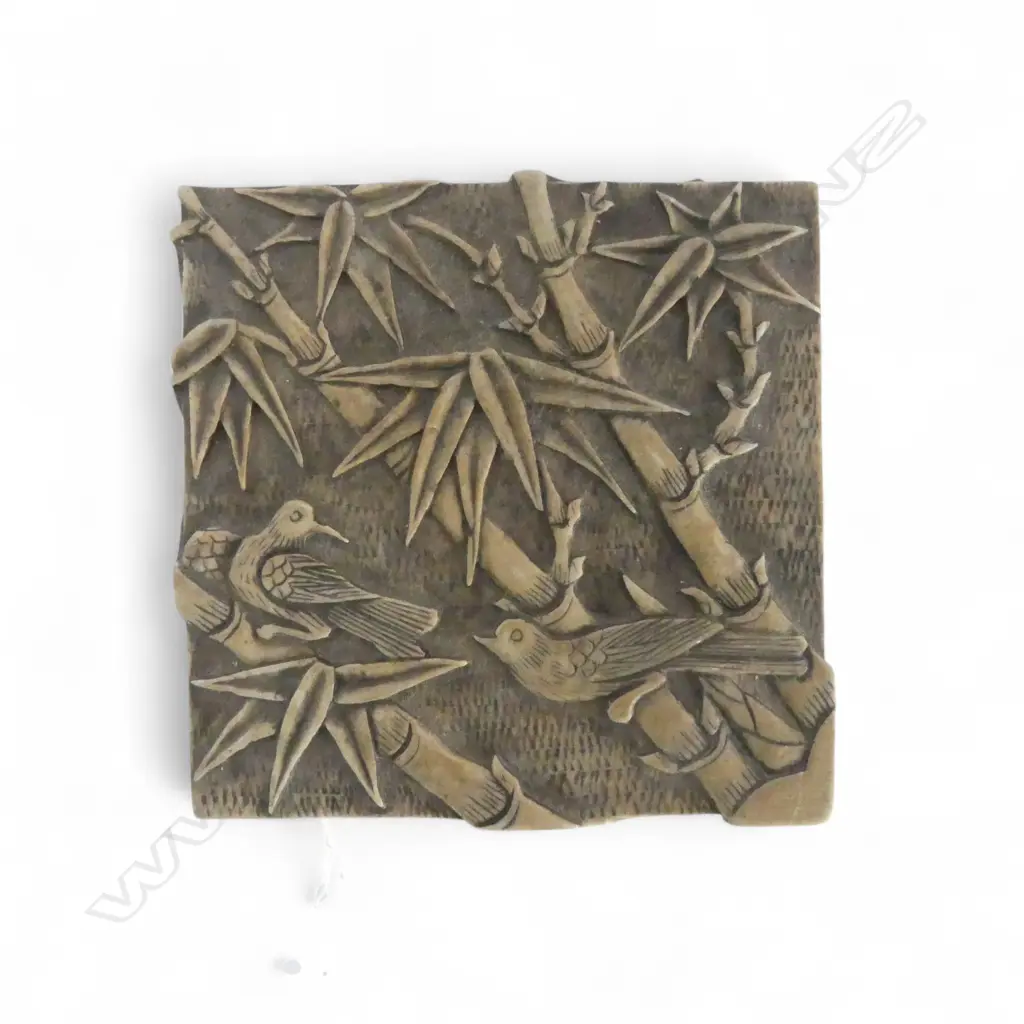 CHINESE CARVED STONE BOX  relief birds & bamboo. 100x100x55mm Image 1++