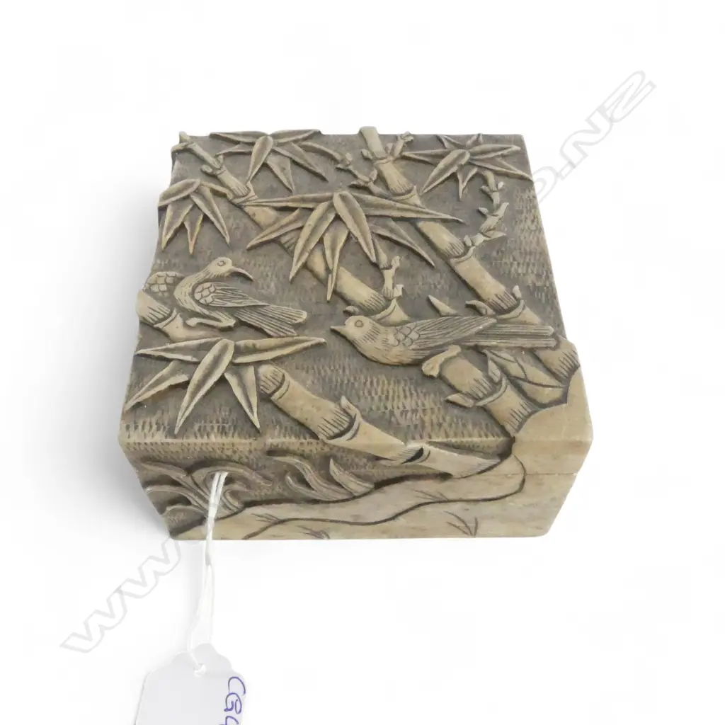 CHINESE CARVED STONE BOX  relief birds & bamboo. 100x100x55mm Image 1++