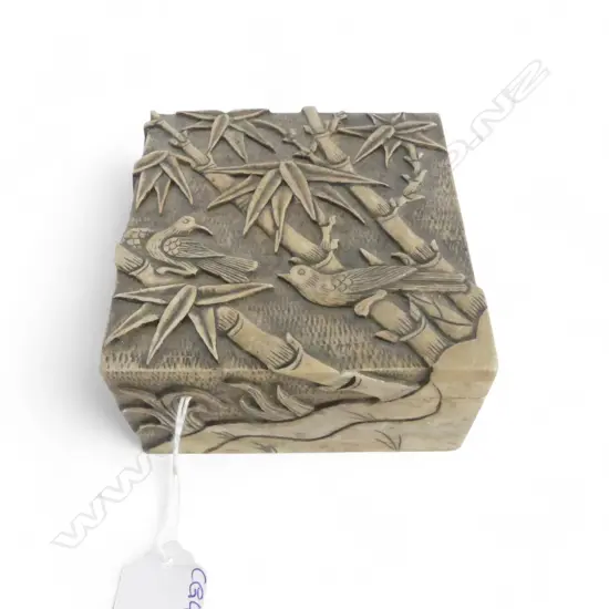 CHINESE CARVED STONE BOX  relief birds & bamboo. 100x100x55mm